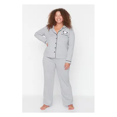 Trendyol Curve Gray Melange Shirt Collar Panda Printed Knitted Pajama Set