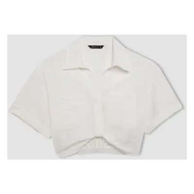 DEFACTO Crop Shirt Collar Twill Short Sleeve Blouse