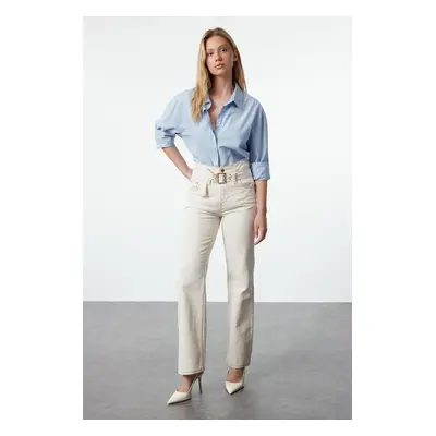 Trendyol Ecru Belted High Waist Wide Leg Trousers