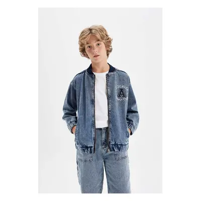 DEFACTO Boys College Collar Zipper Pocket Seasonal Printed Jean Bomber Jacket