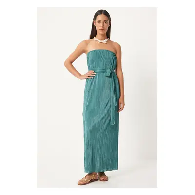 Happiness İstanbul Women's Green Strapless Belted Pleated Dress