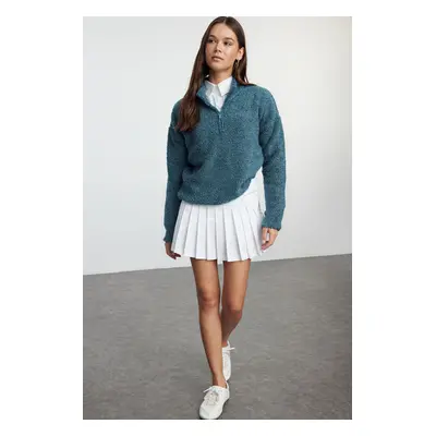 Trendyol Blue Boucle Yarn Zippered High Collar Knitwear Sweater