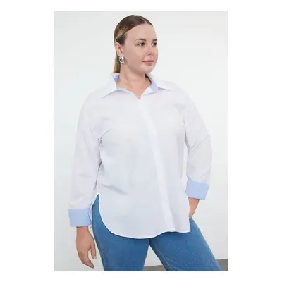 Trendyol Curve White Basic Blue Double Cuffed Double Woven Plus Size Shirt