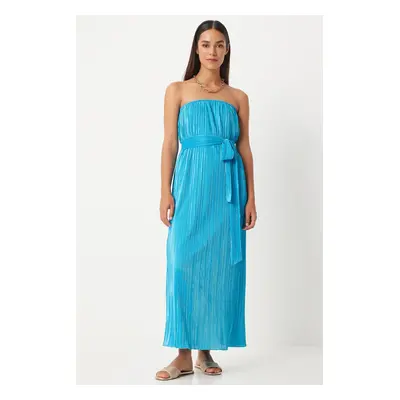 Happiness İstanbul Women's Light Blue Strapless Belted Pleated Dress