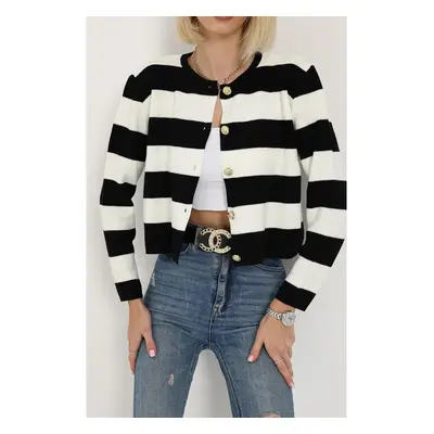 74390 Dewberry Crew Neck Striped Crop Cardigan-BLACK