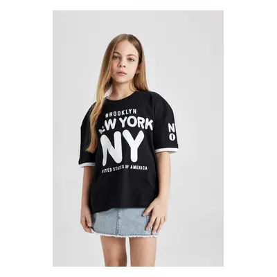 DEFACTO Girl's Oversize Wide Pattern Crew Neck Printed Short Sleeve T-Shirt