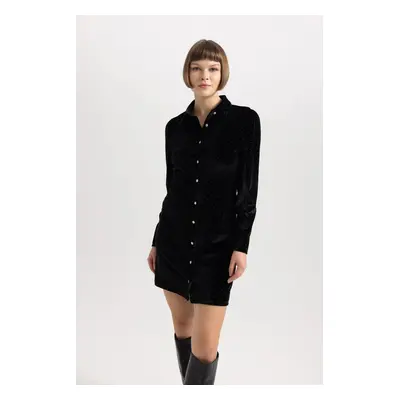 DEFACTO Shirt Collar Velor Long Sleeve Mini Dress