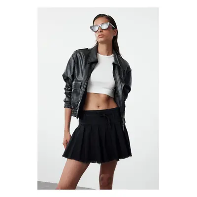 Trendyol Black Pleated Tied Mini Denim Shorts Skirt