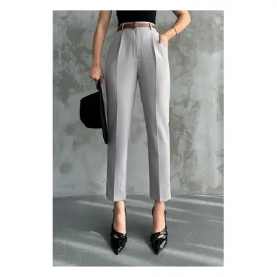 67537 Dewberry Skinny Leg Belted Women Trousers-GREY