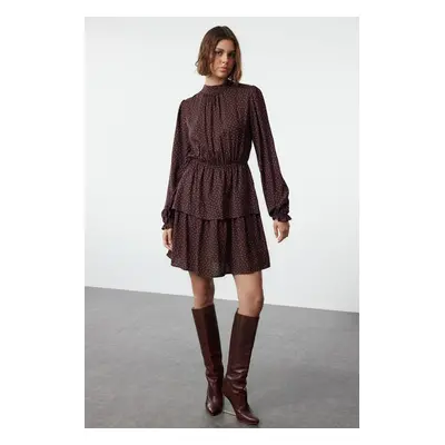 Trendyol Brown Polka Dot Waist Opening Flounce Crew Neck Mini Woven Dress