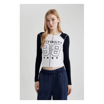 DEFACTO Cool Fitted Crew Neck Printed Ribbed Camisole Long Sleeve T-Shirt