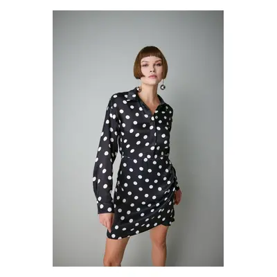 DEFACTO Shirt Collar Satin Polka Dot Mini Long Sleeve Dress