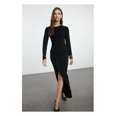 Trendyol Black Plain Crew Neck Fitted Draped Wrap Flexible Maxi Knitted Dress