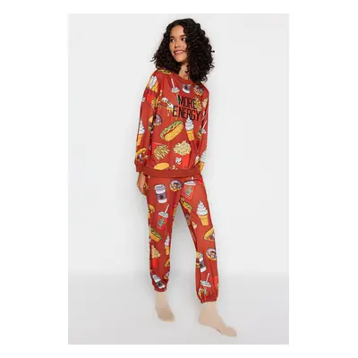 Trendyol Tile Motto Embroidered Patterned Sweatshirt-Jogger Knitted Pajamas Set