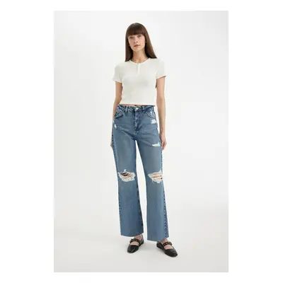 DEFACTO 90's Wide Leg Ripped Detailed High Waist Long Jean Trousers