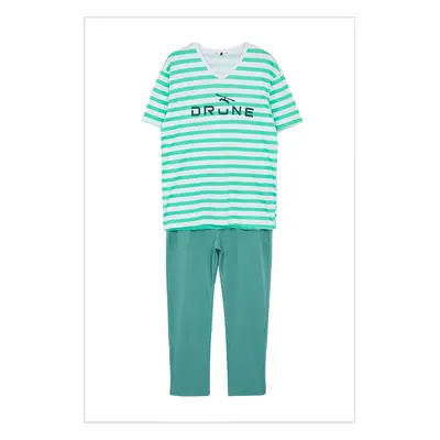 Trendyol Men's Green Striped Regular Fit Knitted Pajama Set