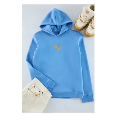 Trendyol Blue Regular/Normal Cut Animal Embroidered Polar Fleece Hooded Sweatshirt