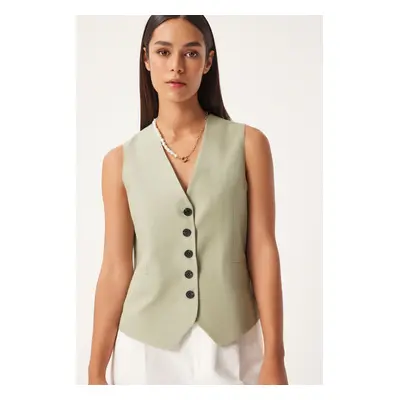 Happiness İstanbul Women's Green Button-Closed Linen Vest