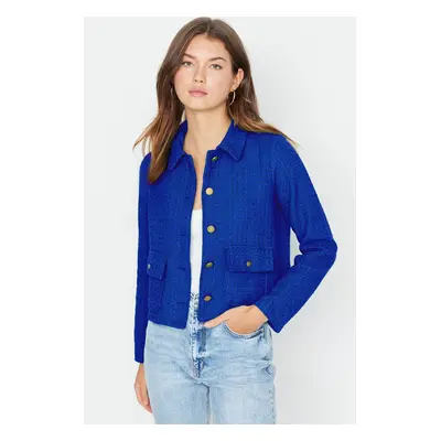 Trendyol Blue Fitted Pocket Detail Plaid Crop Woven Jacket