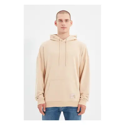 Trendyol Beige Oversize/Wide Cut Hooded Labeled Fleece/Warm Sweatshirt