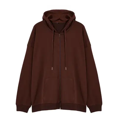 Trendyol Brown Plus Size Oversize Basic Hooded Zippered Inside Fleece Cotton Sweatshirt