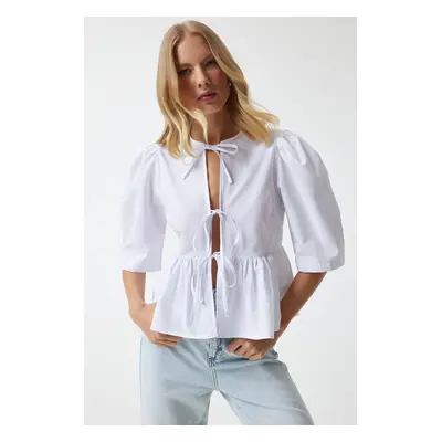 Happiness İstanbul Women's White Bow Balloon Sleeve Cotton Poplin Blouse