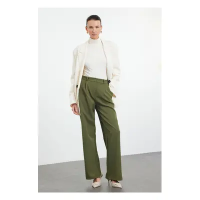 Trendyol Dark Khaki High Waist Wide Leg Pleated Woven Fabric Trousers