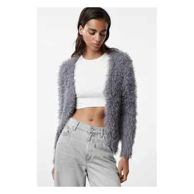 Trendyol Anthracite Soft Textured Furry Coat-Looking Knitwear Cardigan