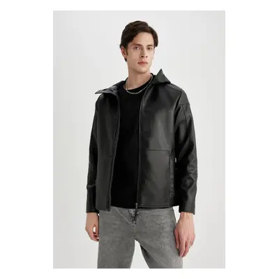 DEFACTO Slim Fit Hooded Zipper Closure Pocket Seasonal Lightweight Faux Leather Jacket Coat