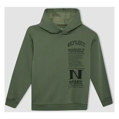 DEFACTO Boy's Khaki Printed Hooded Sweatshirt