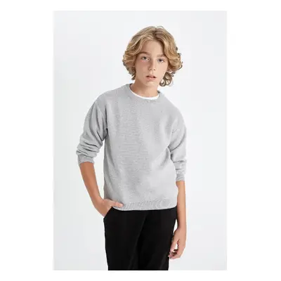 DEFACTO Boy's Gray Crew Neck Basic Plain Knitwear Sweater