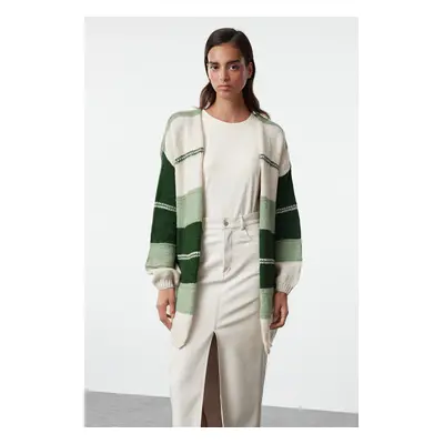 Trendyol Green Soft Texture Color Block Long Knit Cardigan