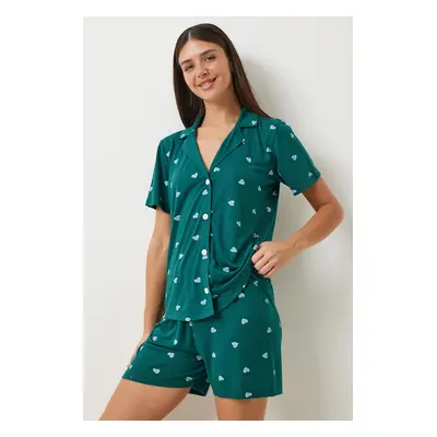 Happiness İstanbul Women's Dark Green Heart Viscose Shorts Shirt Pajama Set