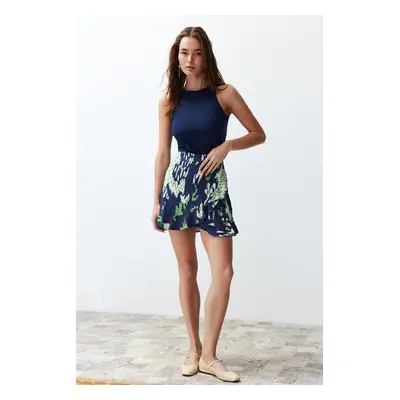 Trendyol Navy Blue Patterned Frilled Viscose Woven Skirt Look Shorts