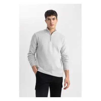 DEFACTO Grey Standard Fit Regular Cut Bato Collar Zippered Basic Plain Knitwear Sweater