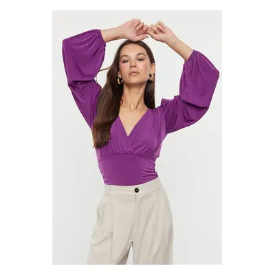 Trendyol Plum Double Breasted Gathering/Drape Detailed Long Sleeve Stretchy Knitted Blouse