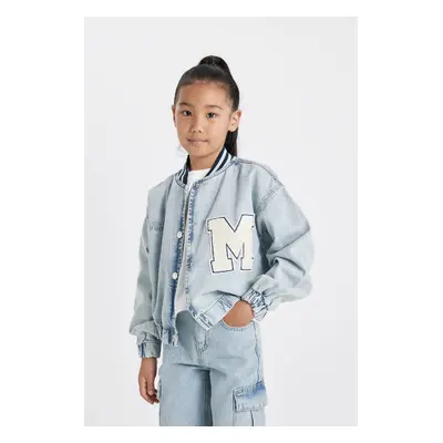 DEFACTO Girls Seasonal Denim Bomber Jacket with Snap Closure and Pocket