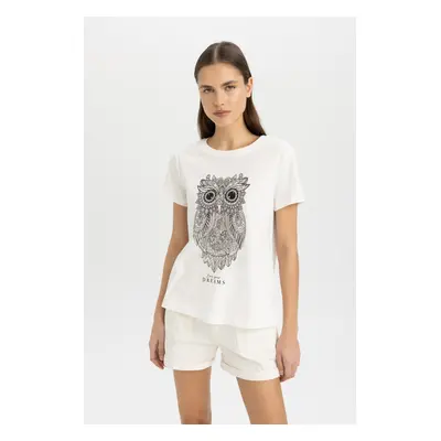 DEFACTO Regular Fit Crew Neck Owl Patterned Combed Cotton Short Sleeve T-Shirt