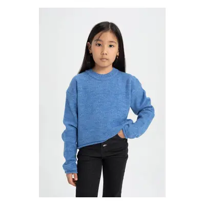 DEFACTO Girl's Blue Standard Fit Crew Neck Basic Plain Knitwear Sweater