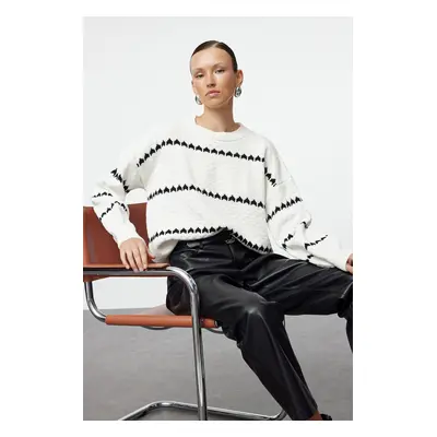 Trendyol Ecru Openwork/Hole Striped Knitwear Sweater