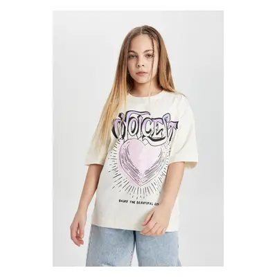 DEFACTO Girl's Oversize Wide Pattern Crew Neck Printed Short Sleeve T-Shirt