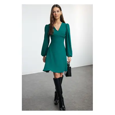 Trendyol Green A-Line Balloon Sleeve Detailed V-Neck Mini Woven Dress