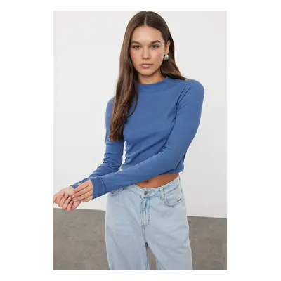 Trendyol Indigo Faded Effect Fitted/Fits the Body Crop Stand Collar Elastic Knitted Blouse