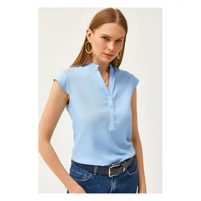 Olalook Women's Baby Blue V-Neck 4-Button Viscose Blouse