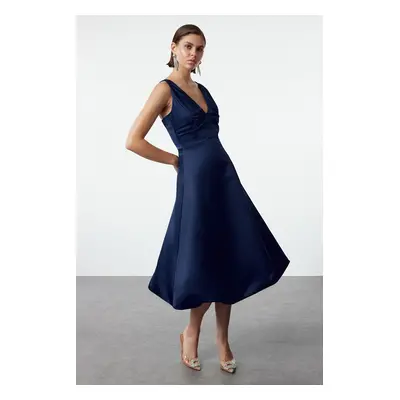 Trendyol Navy Blue A-Cut Matte Satin Balloon Skirt Detail Chic Midi Evening Dress