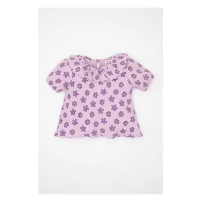 DEFACTO Baby Girl Ruffle Collar Floral Waffle Short Sleeve T-Shirt