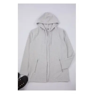 Trendyol Grey Melange Zippered Hooded Sweatshirt/Cardigan