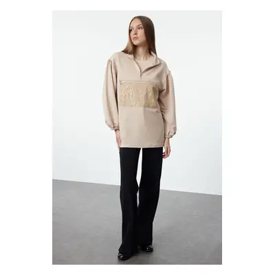 Trendyol Light Beige Embroidered Pocket Detailed Sweatshirt