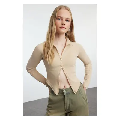 Trendyol Mink Washed Zippered Fitted Flexible Knitted Blouse