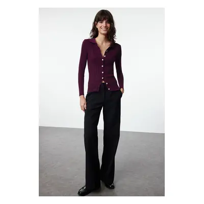 Trendyol Plum Ribbed Polo Neck Knitted Cardigan